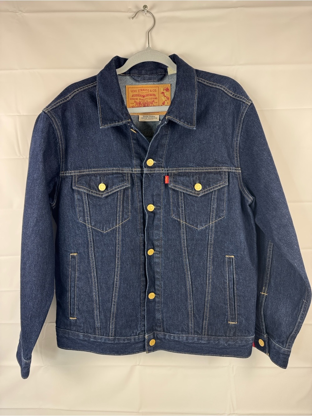 Levi’s‎ Premium Denim Jacket Graphic Back Dark Wash Trucker Size S